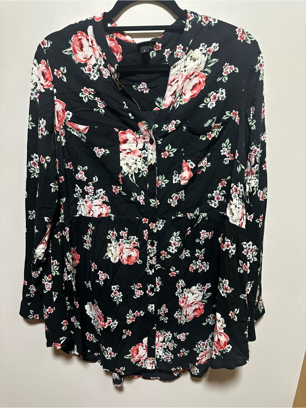 Torrid Floral V-Neck Long Sleeve Blouse - Black with Pink Roses